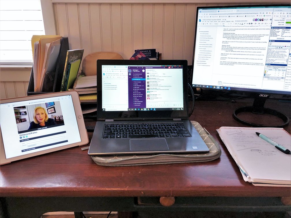 Claire Abernathy's work from home station during a Connecting to Congress online town hall meeting.