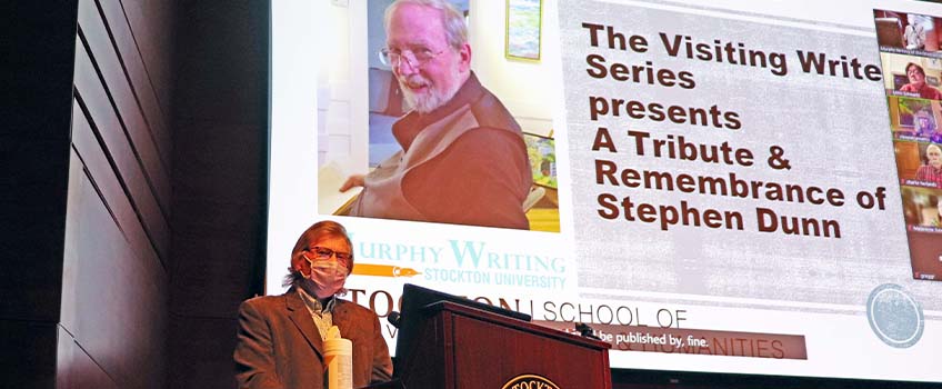 Peter Murphy, founder of Murphy Writing of Stockton University, welcomes the audience, both in-person and on Zoom, to the Stephen Dunn Tribute and Remembrance on Wed., Nov. 3 at Stockton University.