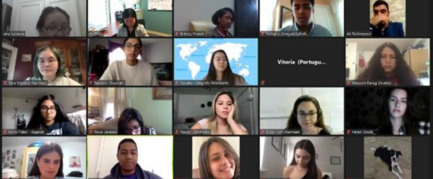 A Zoom screenshot shows participants at Stockton University's first virtual world language tables event. 