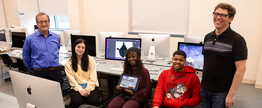 From left, Stockton Art Professor Michael McGarvey with his students Ruby Rodrigues, Tiffany Ibezim and Avery Garlic, and Biology Professor Matthew Bonnan. The students have worked with Bonnan to create animation for the music videos on Bonnan's new album titled 'Once Upon Deep Time.'