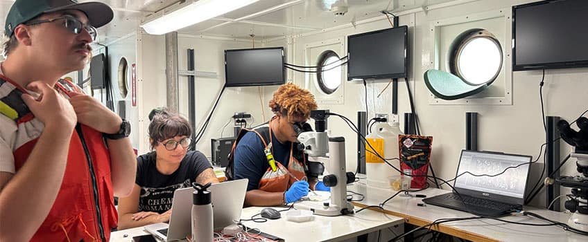 Dylan Meier, Lauren Seyler and Tatiana Anderson on the R/V Hogarth