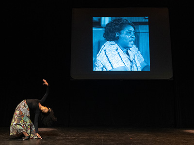 Khaia Hall performing as Fannie Lou in an interpretive dance.