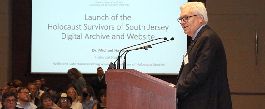 Michael Hayse, associate professor of History, introduces the Holocaust Survivors of South Jersey Digital Archive and Website at the event launch.