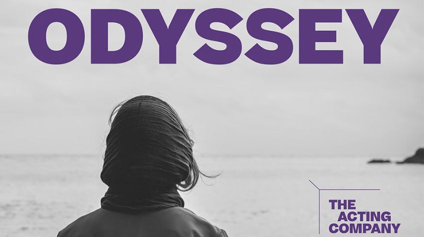 A graphic of a woman in a scarf, staring out into the sea, with the words "Odssey - The Acting Company"