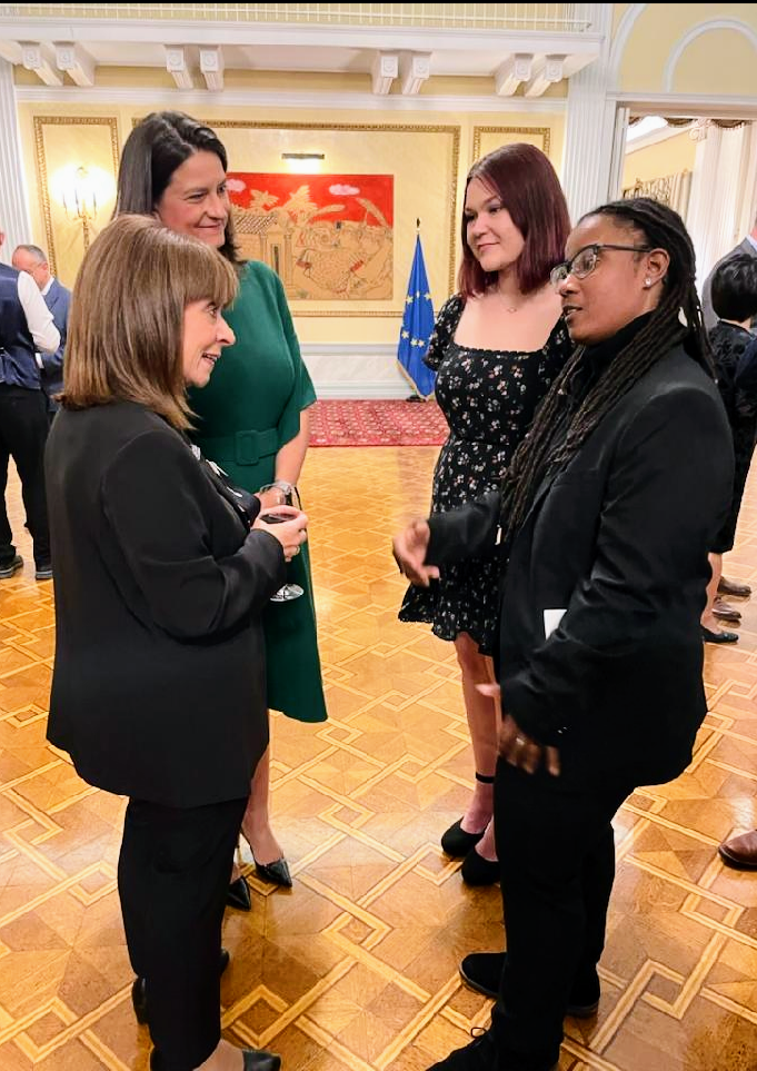 Eva Leaverton and Megan Coates meet with President Katerina Sakellaropoulou and Minister of Education Niki Kerameus while in Greece.