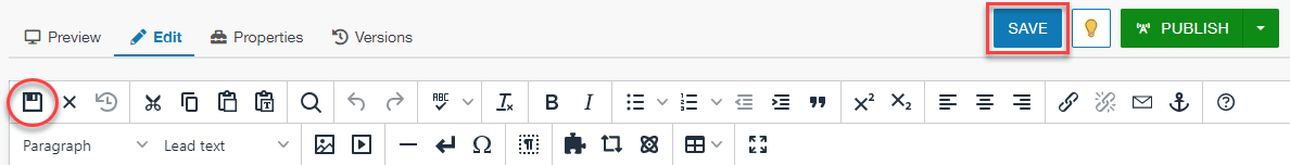 Omni CMS page editor with save icon highlighted