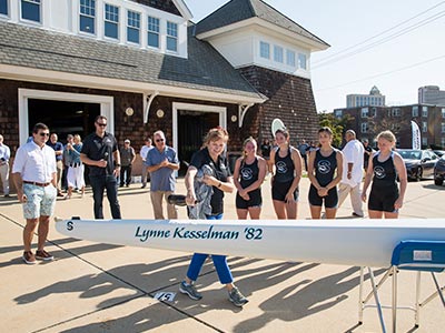 Lynne Kesselman christening the boat named after herself