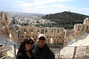 Jessie Layton, a student veteran, and Jason Babin, assistant director of Student Rights & Responsibilities, in Greece