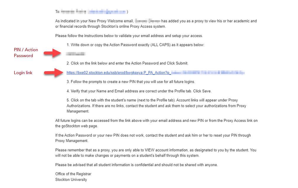 Sample email showing PIN and Login link