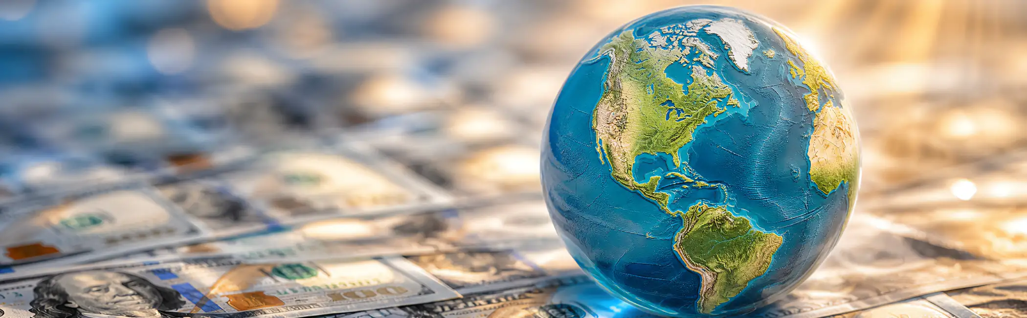 A globe rests on U.S. currency, representing global markets and economic study at �첥��Ƶ.