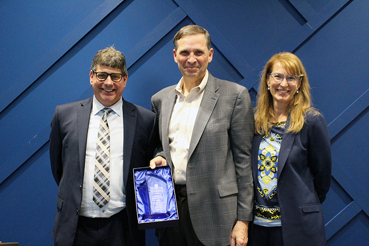 From left, Stockton School of Business Dean Warren Kleinsmith, William R. Hagaman Jr. and Hagaman's wife Rhonda Maraziti.