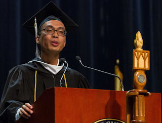 Joachim Cendana, a Liberal Arts graduate, delivers the student address at Commencement on May 12.