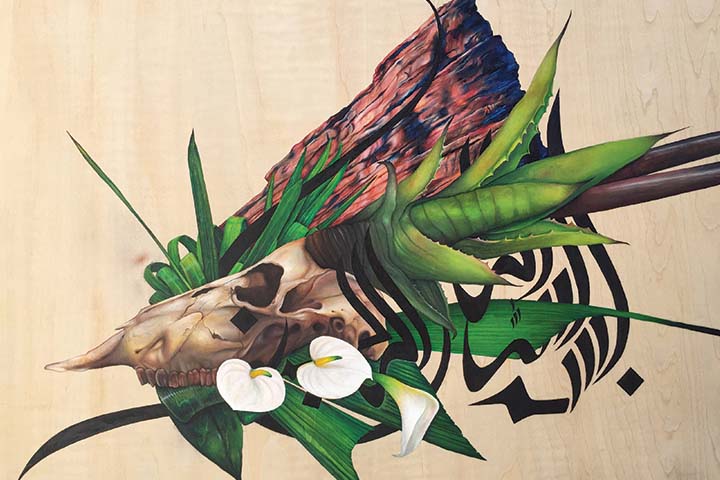 Digital art of a wooden log, animal skull and flowers