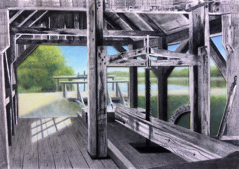 James Pullaro’s artistic interpretation of the Caldwell and Woodruff sawmill, Galloway Township, New Jersey, c. 1815, with the future Lake Fred in background.