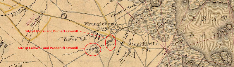 This detail from Thomas Gordon’s A Map of the State of New Jersey with Part of Adjoining States, Second Edition, Improved to 1833, denotes the location of both sawmills described above, located near present-day Port Republic and the settlement of Smithville, Galloway Township, Atlantic County, New Jersey.