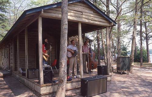 A local band playing at a Stockton cabin barbeque in 1983, not long before the cabins were demolished.