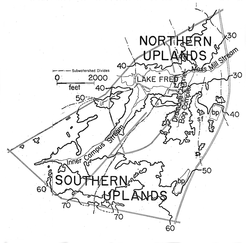 The Epstein Map. Claude Epstein’s map of the campus, created in mid 1973, is the first map to use the name. Lake Pam, to the east of the sprayfield (sf) is labled bp for borrow pit.