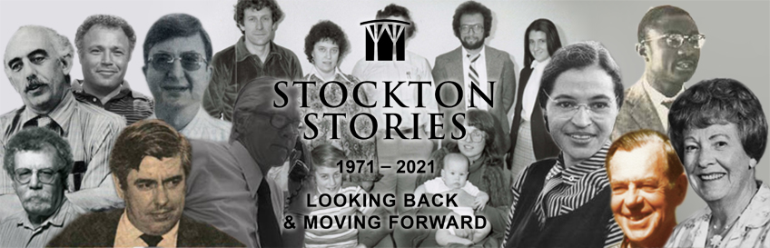 Banner displaying a collage of people important to Stockton's history