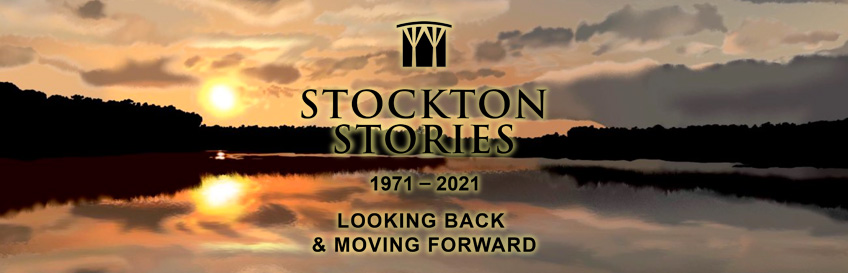 Banner displaying a painting of Lake Fred and the text "Stockton Stories 1971-2021 Looking Back & Moving Forward