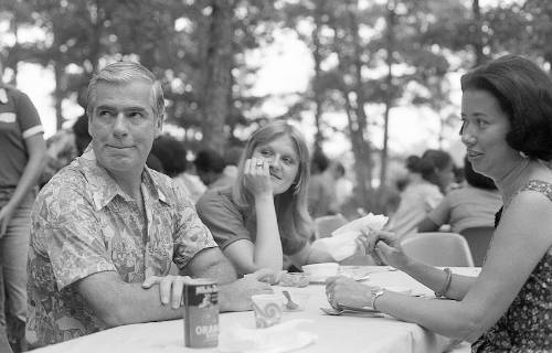 President Richard E. Bjork and his wife Joan attend the BASK picnic in 1977 with Anne Mercado, who as a Stockton student helped staff canoe rentals on Lake Fred.
