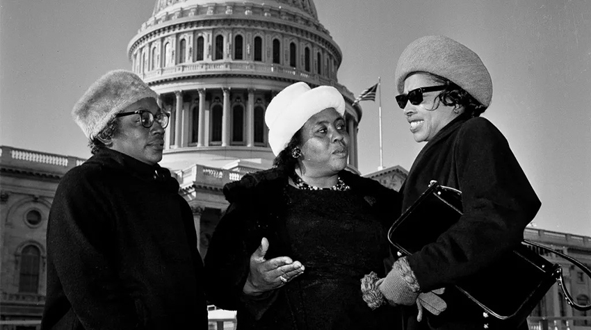 Annie Devine, Fannie Lou Hamer and Victoria Gray of the Mississippi Freedom Democratic Party in front of the Capitol Building.