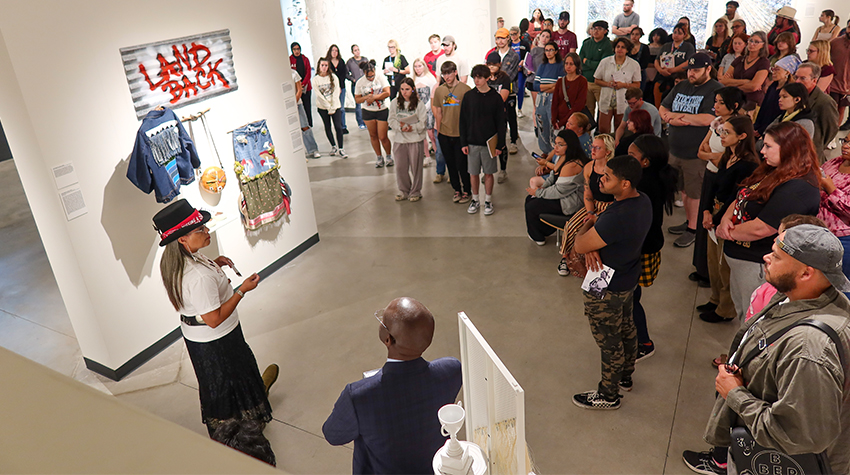 Denise “Bright Dove” Ashton-Dunkley of the Nanticoke/Lenni-Lenape Tribal Nation was one of the three Indigenous artists who led an intimate tour of her artwork displayed in the Stockton Art Gallery's two-floor exhibition "Indigenous Approaches, Sustainable Futures" on Tuesday, Sept. 17.